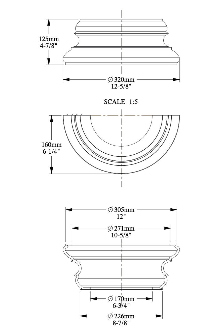 Base per colonne semisferiche | 160 x 125 x 320 mm | K1151